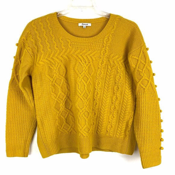 Madewell Merino Wool mustard yellow pullover sweater bobble open side Sz M crew - Picture 2 of 10